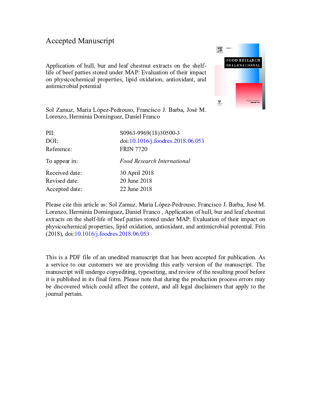 Application of hull, bur and leaf chestnut extracts on the shelf-life of beef patties stored under MAP: Evaluation of their impact on physicochemical properties, lipid oxidation, antioxidant, and antimicrobial potential