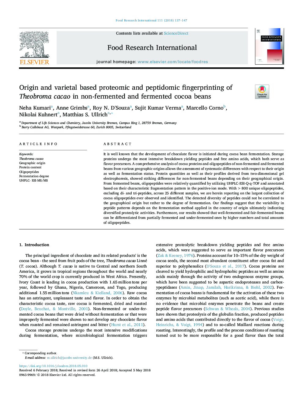 Origin and varietal based proteomic and peptidomic fingerprinting of Theobroma cacao in non-fermented and fermented cocoa beans