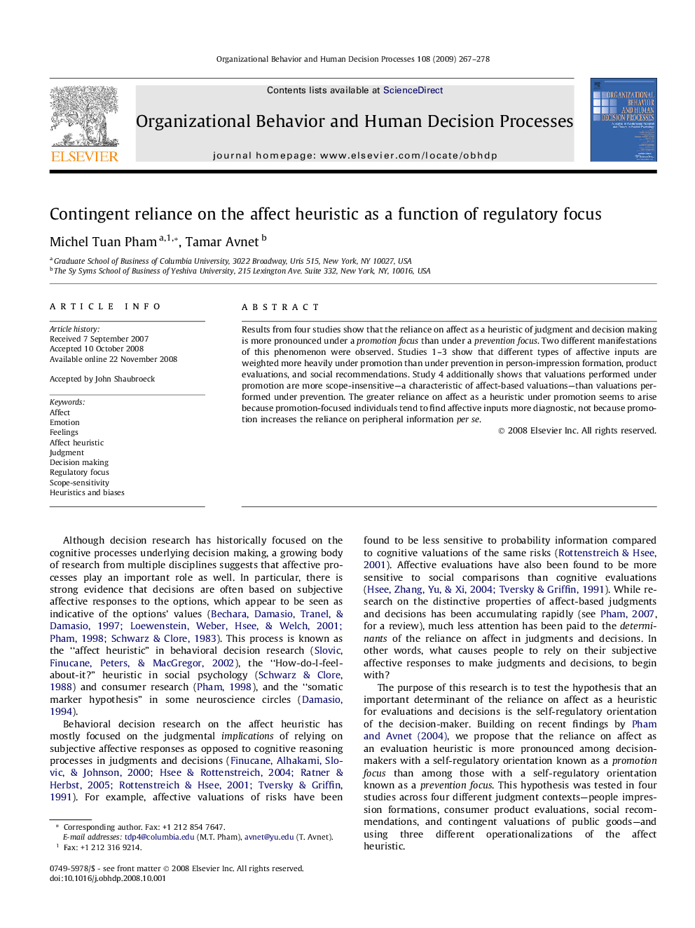 Contingent reliance on the affect heuristic as a function of regulatory focus