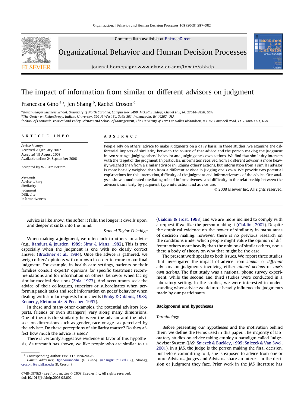 The impact of information from similar or different advisors on judgment