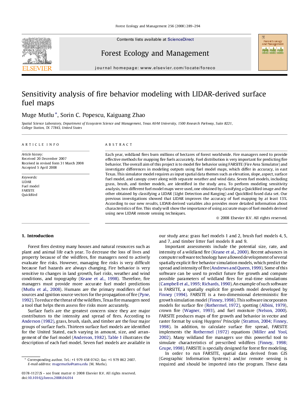 Sensitivity analysis of fire behavior modeling with LIDAR-derived surface fuel maps