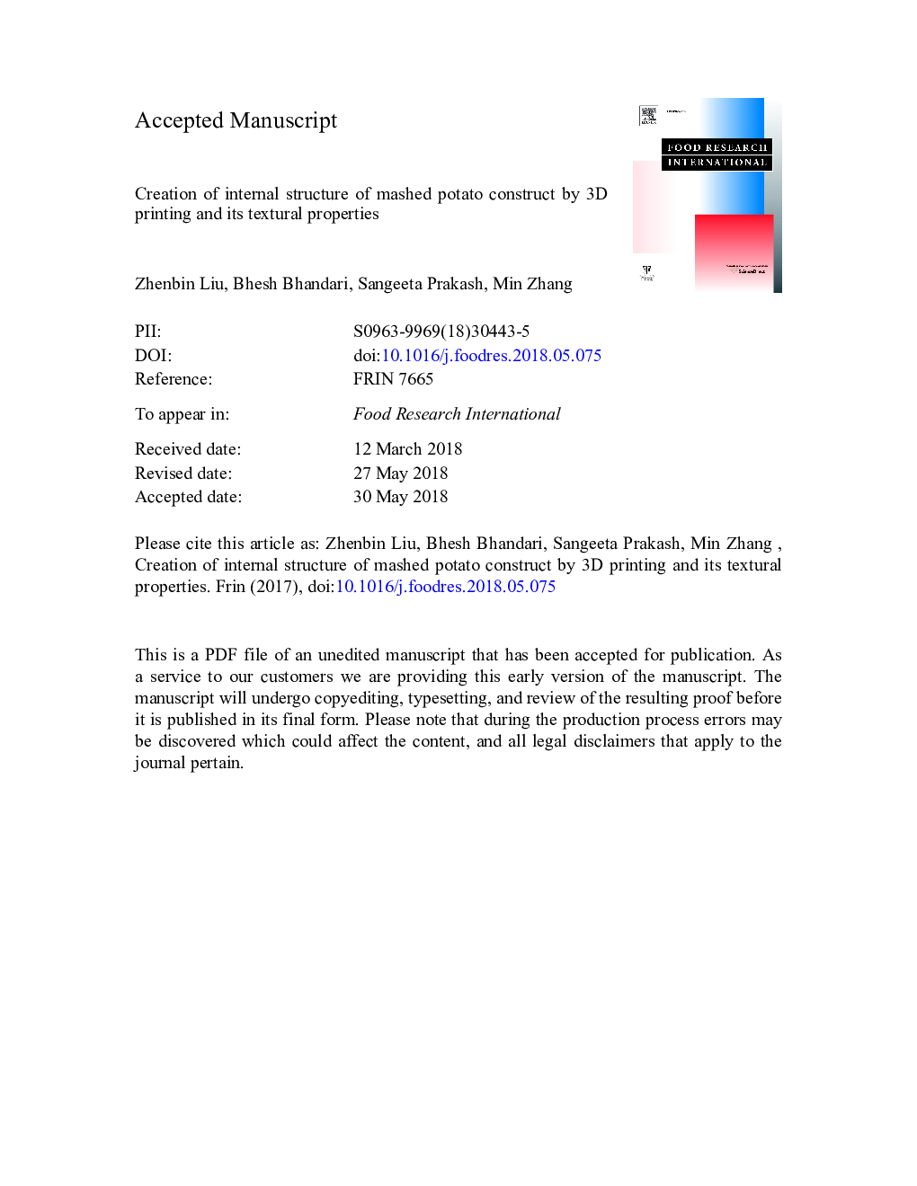 Creation of internal structure of mashed potato construct by 3D printing and its textural properties