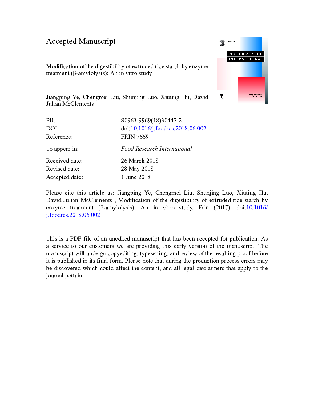 Modification of the digestibility of extruded rice starch by enzyme treatment (Î²-amylolysis): An in vitro study