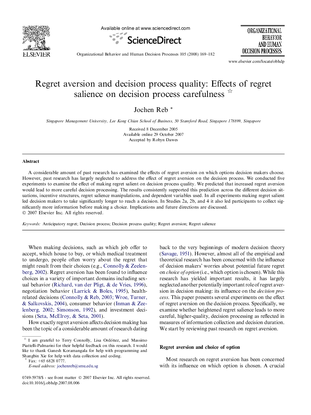 Regret aversion and decision process quality: Effects of regret salience on decision process carefulness 