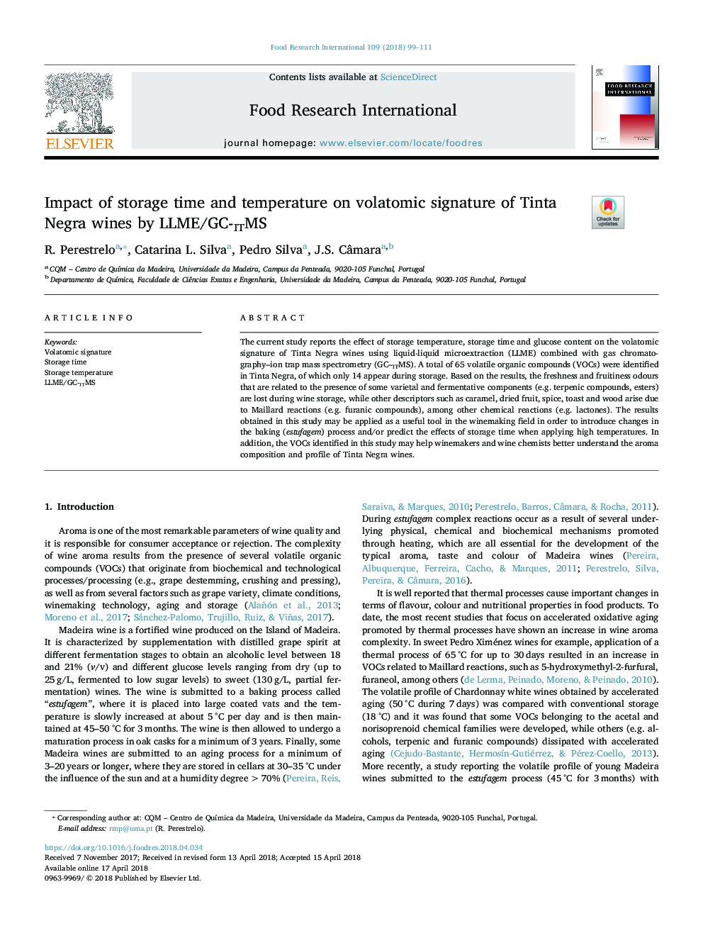 Impact of storage time and temperature on volatomic signature of Tinta Negra wines by LLME/GC-ITMS