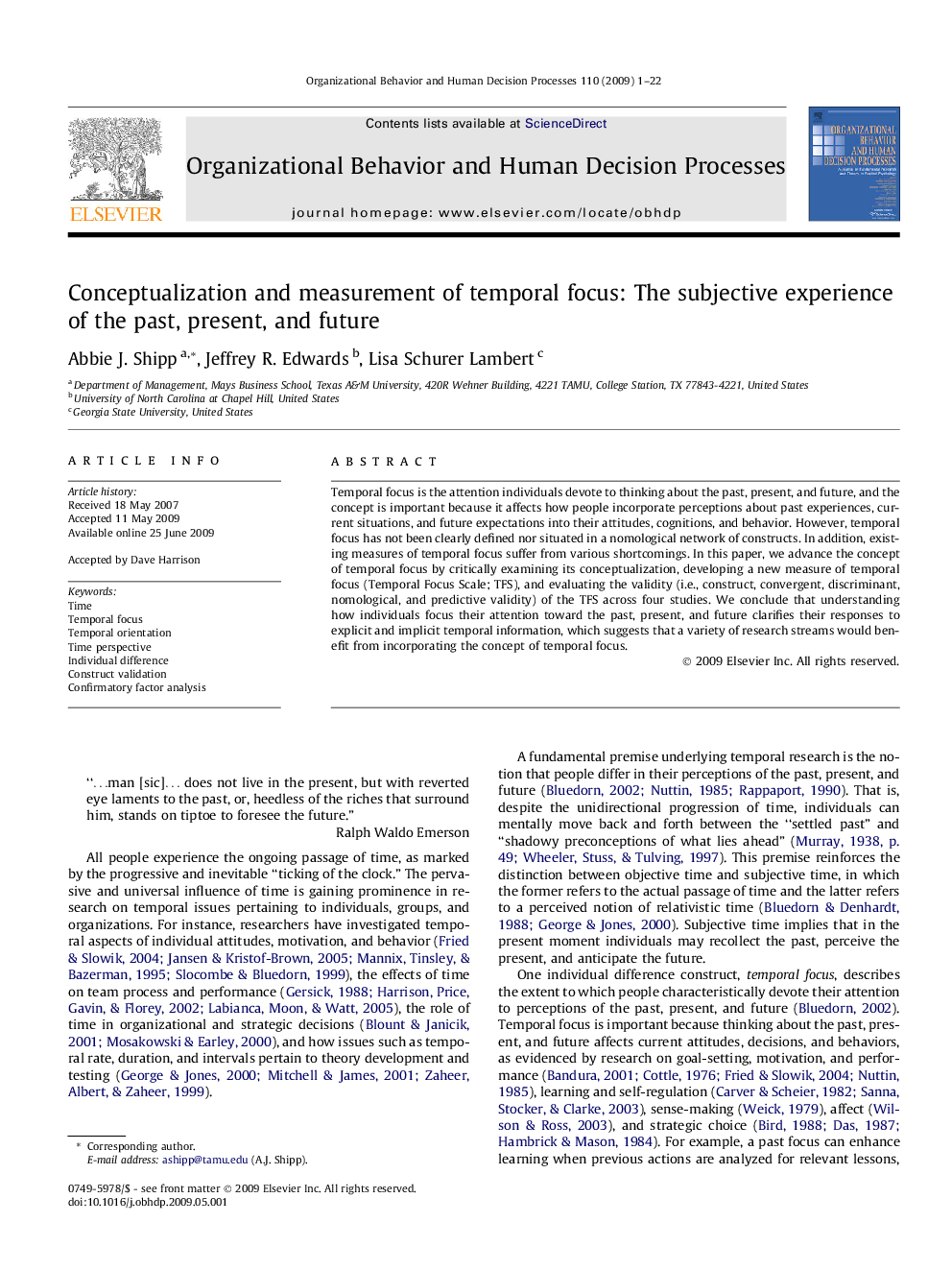 Conceptualization and measurement of temporal focus: The subjective experience of the past, present, and future