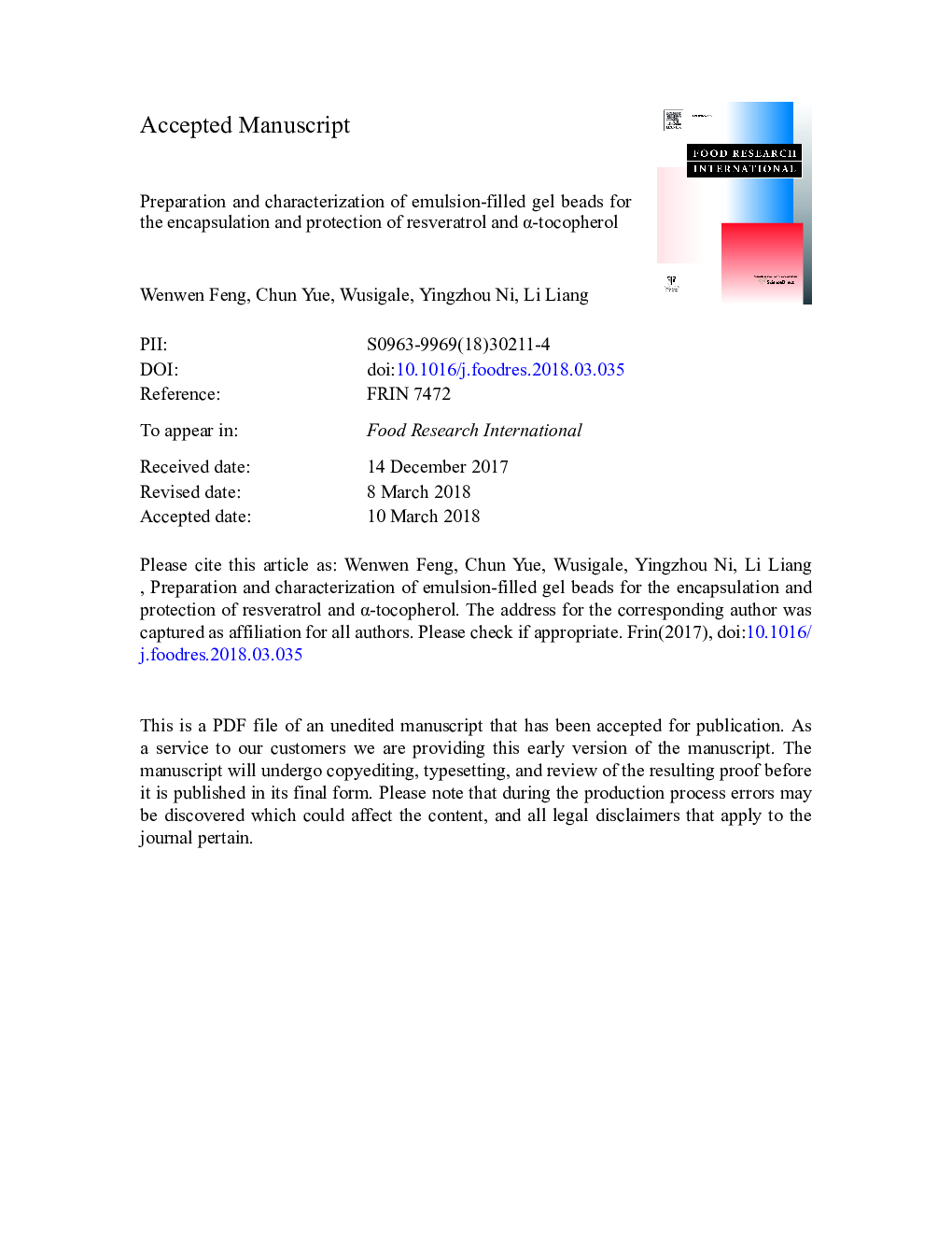 Preparation and characterization of emulsion-filled gel beads for the encapsulation and protection of resveratrol and Î±-tocopherol