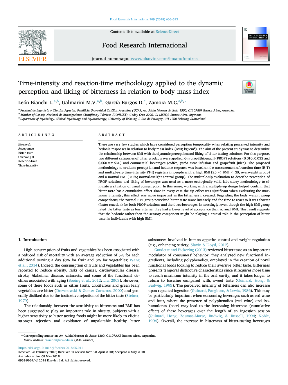 Time-intensity and reaction-time methodology applied to the dynamic perception and liking of bitterness in relation to body mass index