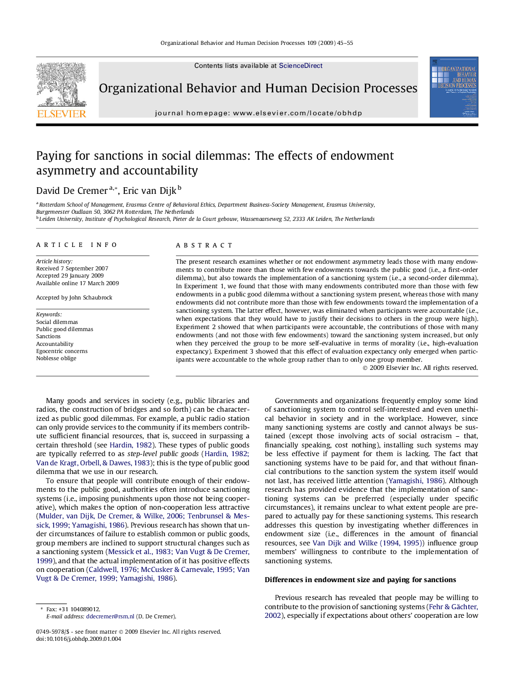 Paying for sanctions in social dilemmas: The effects of endowment asymmetry and accountability