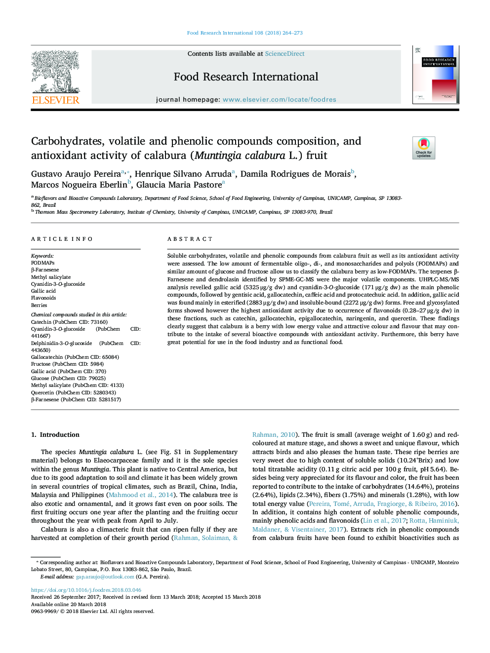 Carbohydrates, volatile and phenolic compounds composition, and antioxidant activity of calabura (Muntingia calabura L.) fruit