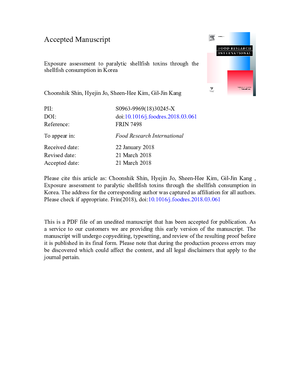 Exposure assessment to paralytic shellfish toxins through the shellfish consumption in Korea