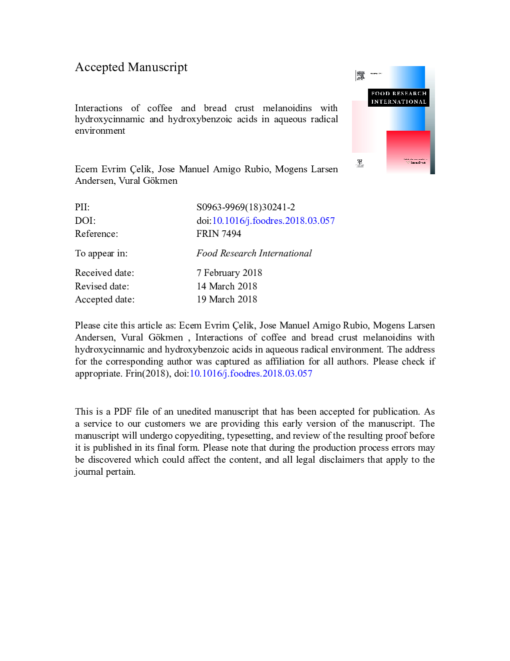 Interactions of coffee and bread crust melanoidins with hydroxycinnamic and hydroxybenzoic acids in aqueous radical environment