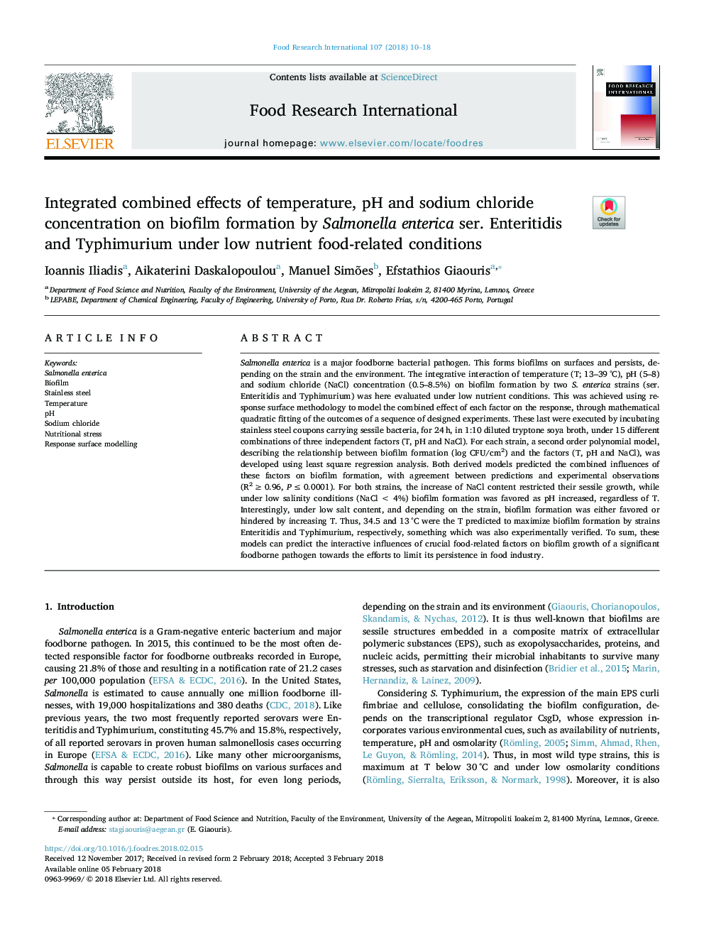 Integrated combined effects of temperature, pH and sodium chloride concentration on biofilm formation by Salmonella enterica ser. Enteritidis and Typhimurium under low nutrient food-related conditions