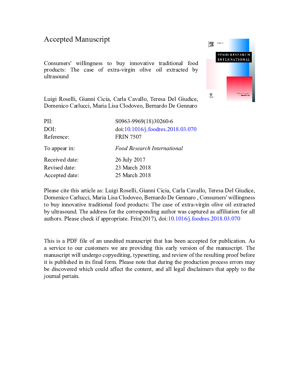 Consumers' willingness to buy innovative traditional food products: The case of extra-virgin olive oil extracted by ultrasound