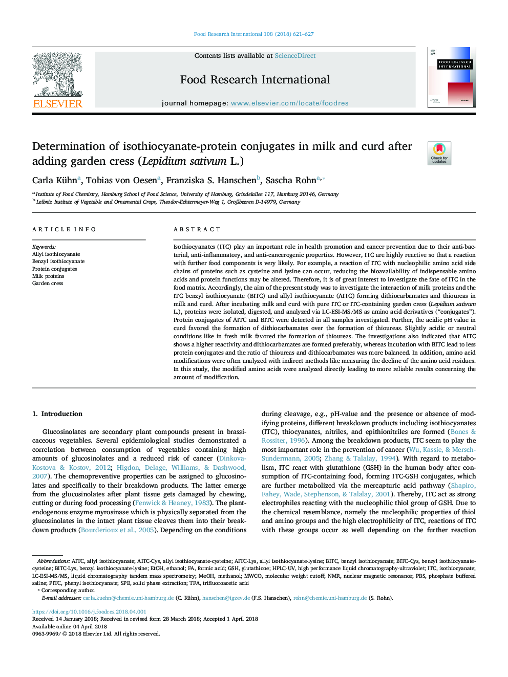 Determination of isothiocyanate-protein conjugates in milk and curd after adding garden cress (Lepidium sativum L.)