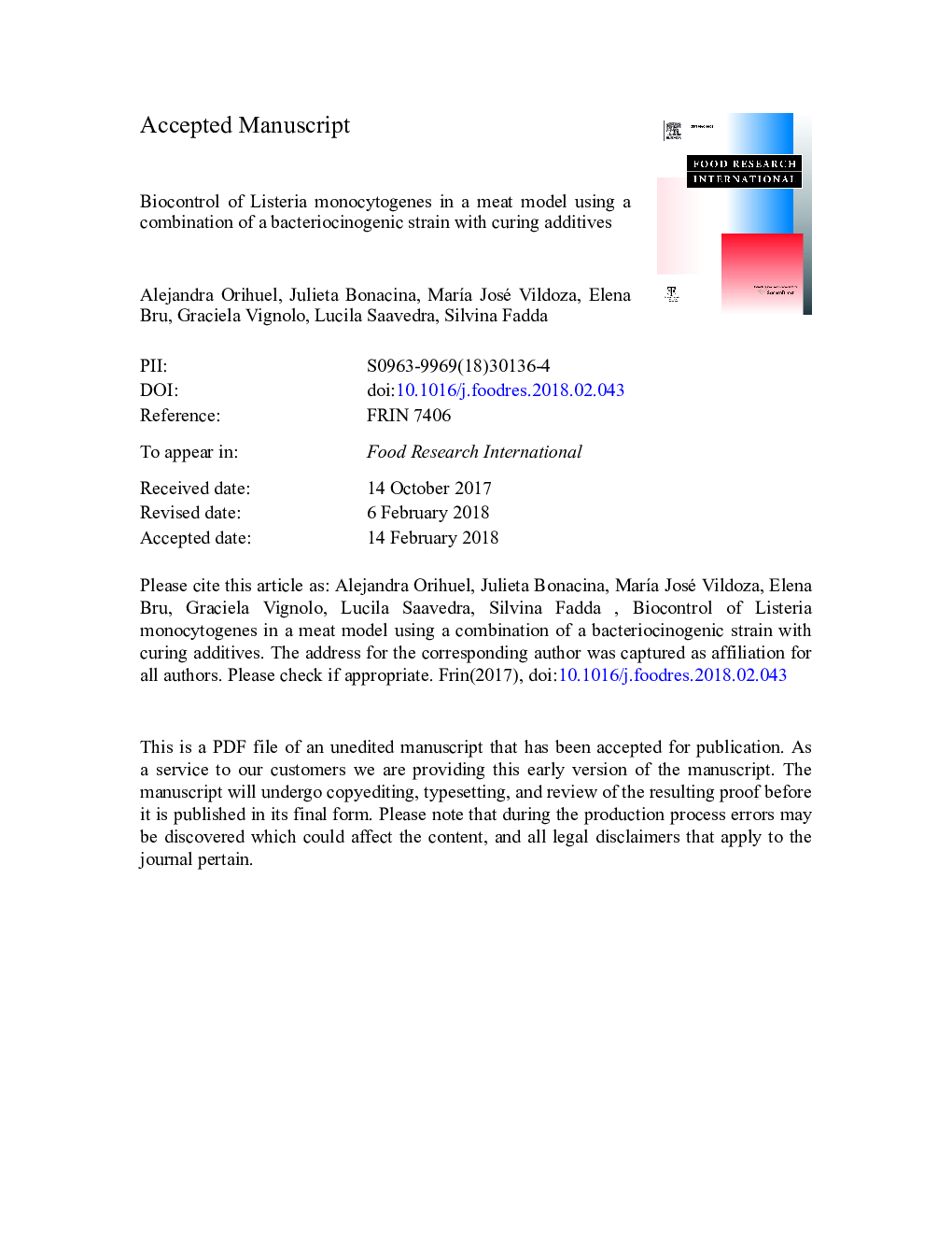 Biocontrol of Listeria monocytogenes in a meat model using a combination of a bacteriocinogenic strain with curing additives