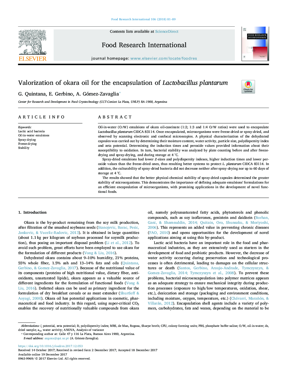 Valorization of okara oil for the encapsulation of Lactobacillus plantarum