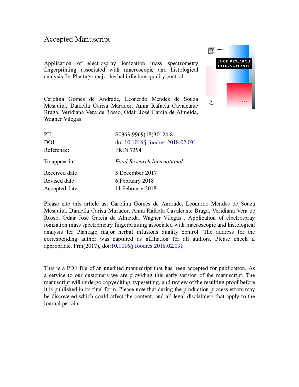 Application of electrospray ionization mass spectrometry fingerprinting associated with macroscopic and histological analysis for Plantago major herbal infusions quality control