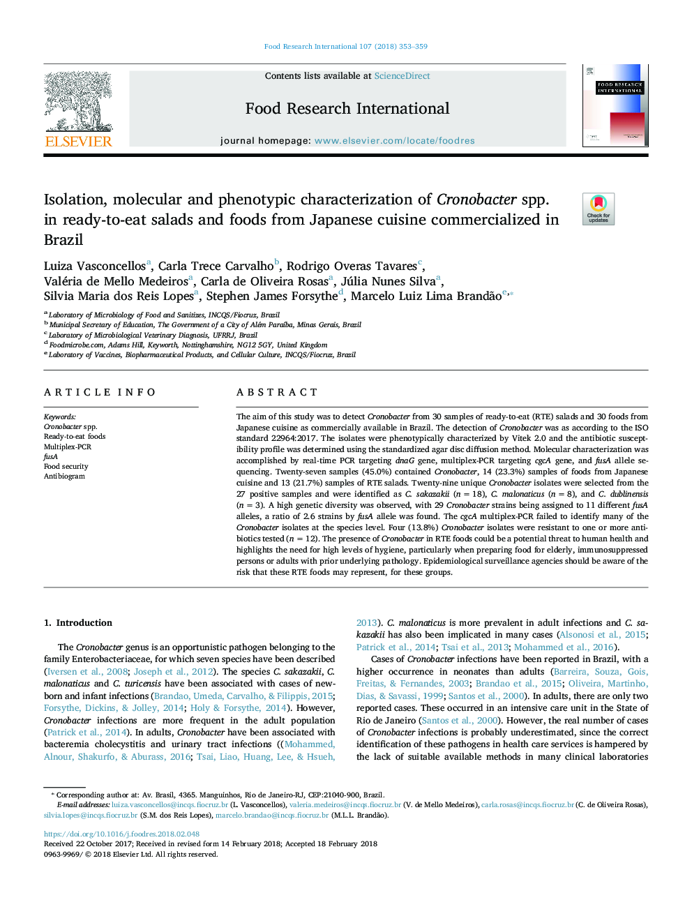 Isolation, molecular and phenotypic characterization of Cronobacter spp. in ready-to-eat salads and foods from Japanese cuisine commercialized in Brazil