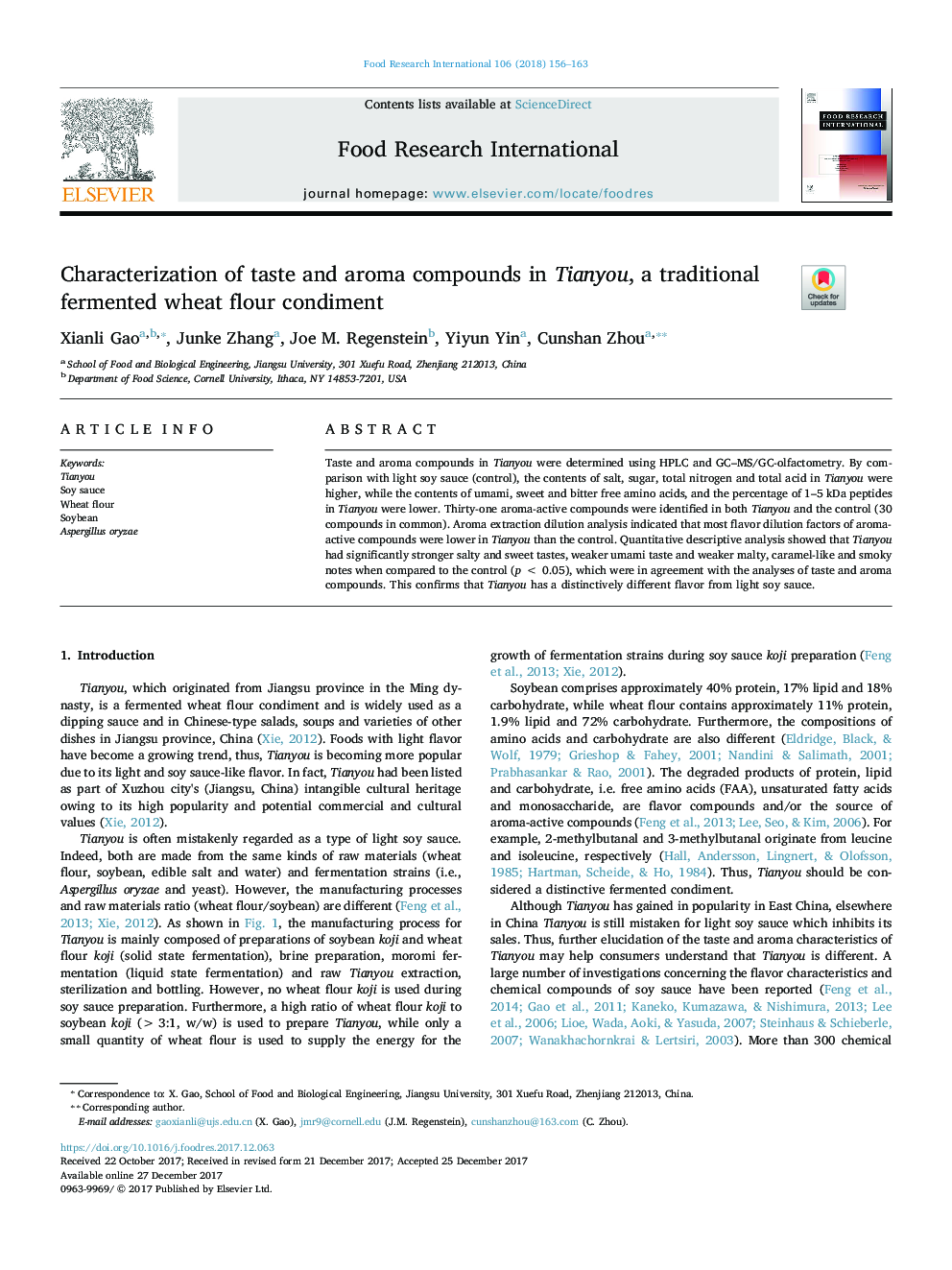 Characterization of taste and aroma compounds in Tianyou, a traditional fermented wheat flour condiment