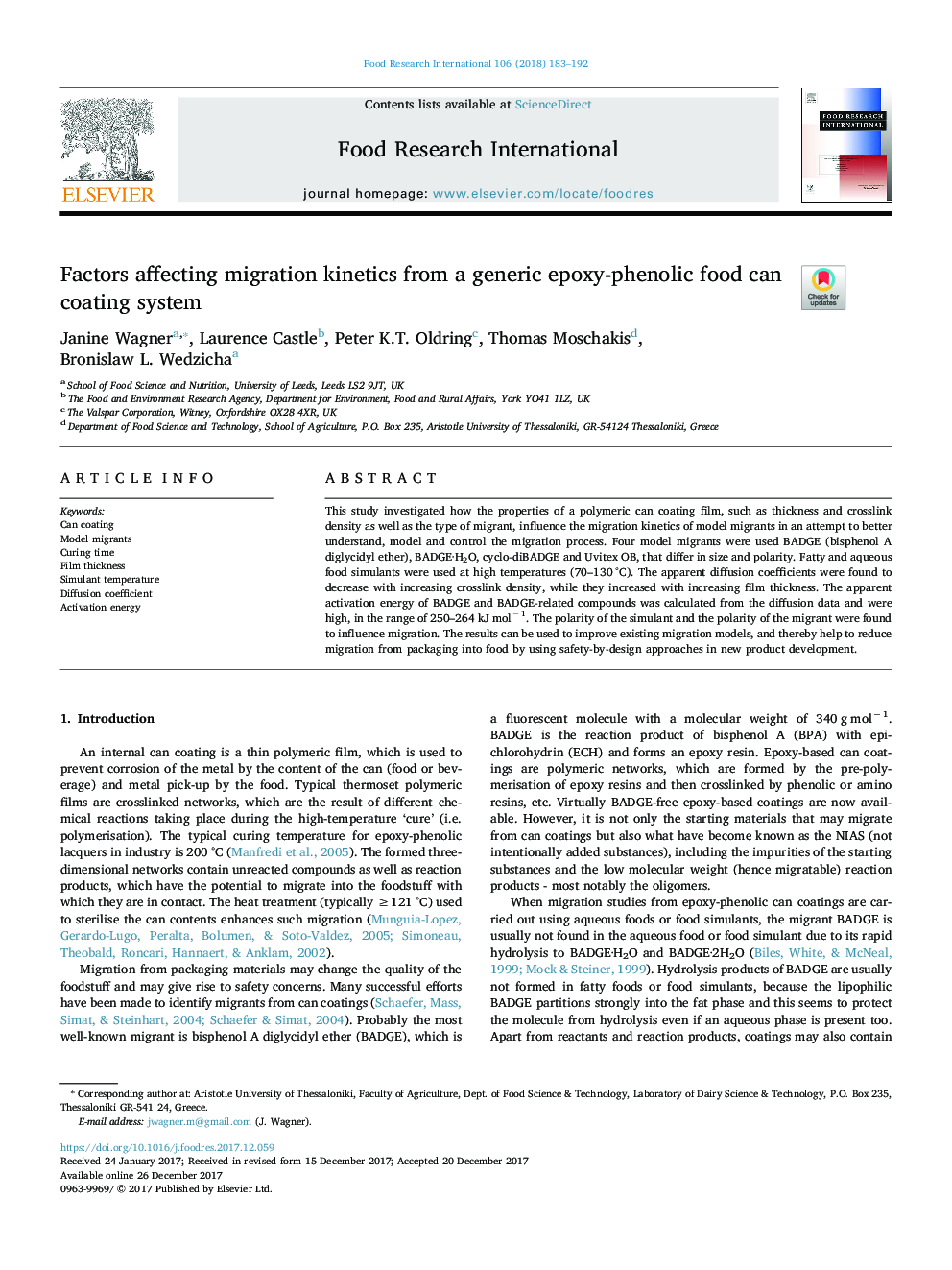Factors affecting migration kinetics from a generic epoxy-phenolic food can coating system
