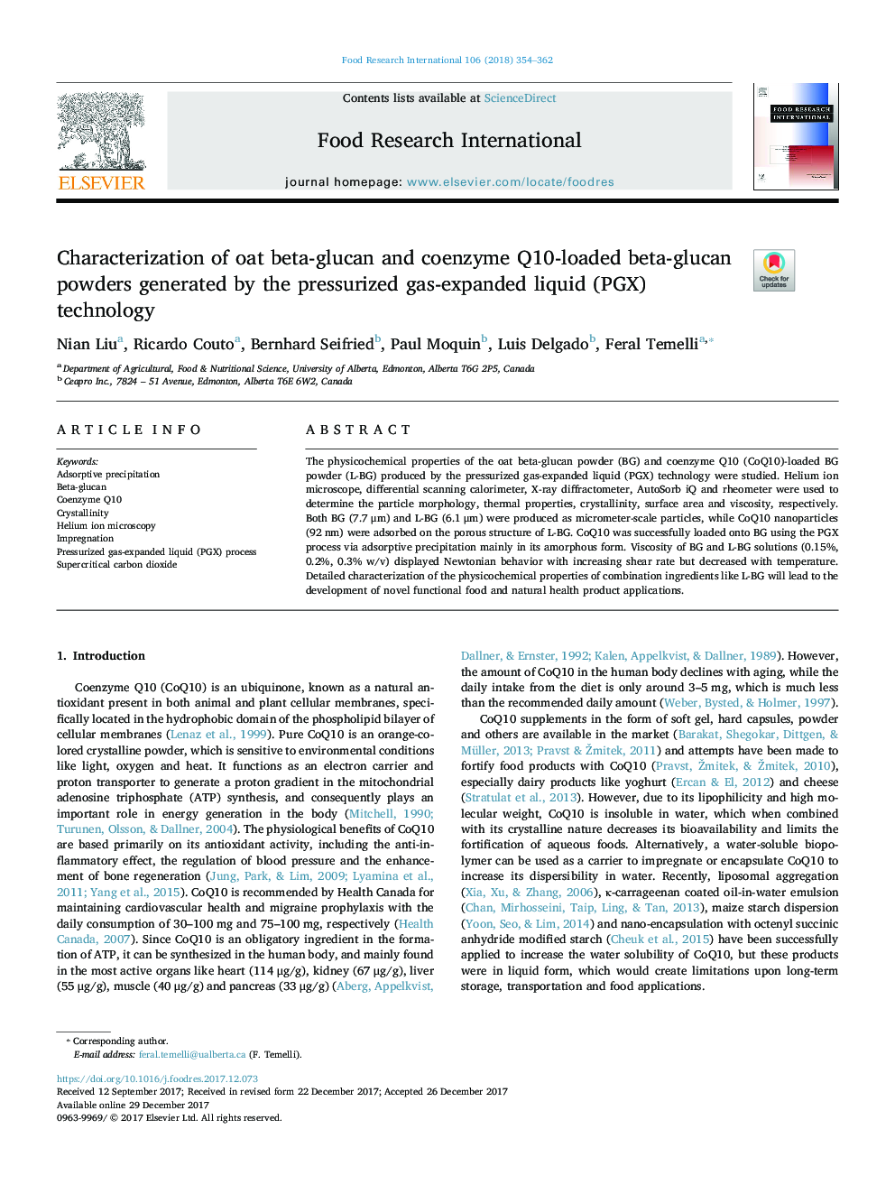 Characterization of oat beta-glucan and coenzyme Q10-loaded beta-glucan powders generated by the pressurized gas-expanded liquid (PGX) technology