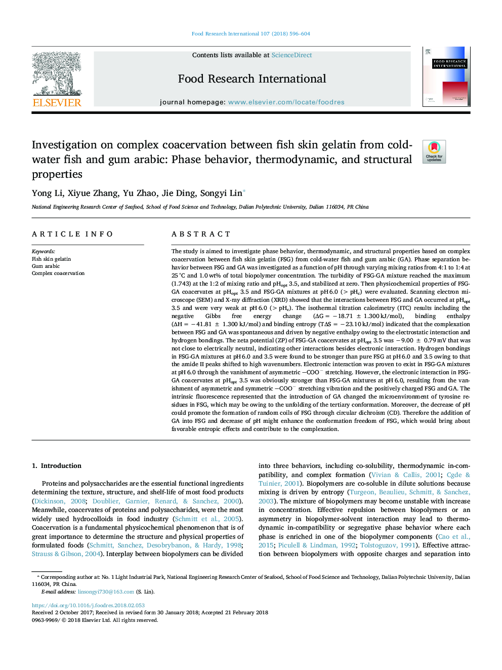 Investigation on complex coacervation between fish skin gelatin from cold-water fish and gum arabic: Phase behavior, thermodynamic, and structural properties