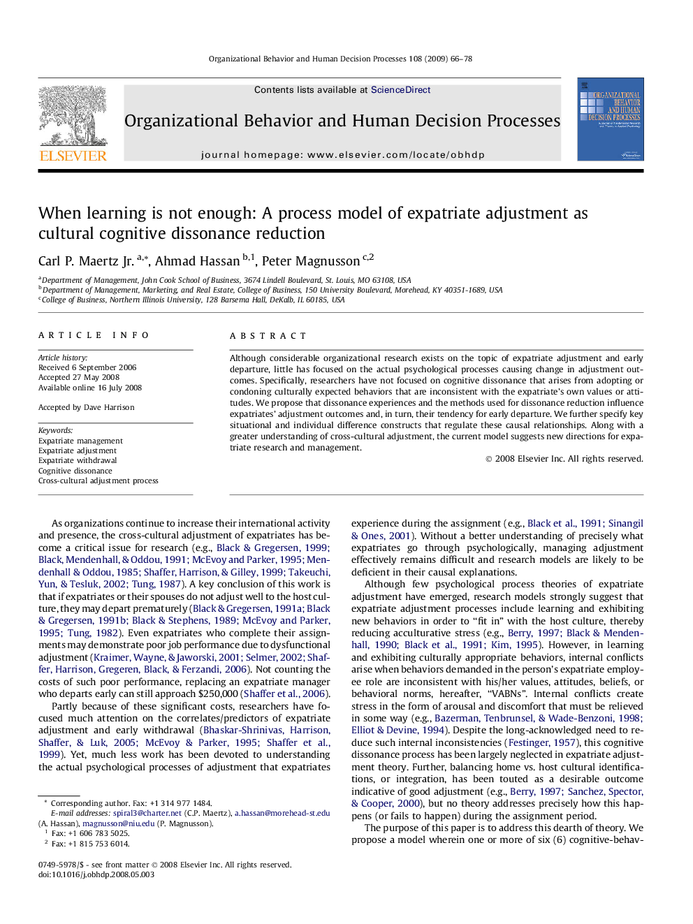 When learning is not enough: A process model of expatriate adjustment as cultural cognitive dissonance reduction