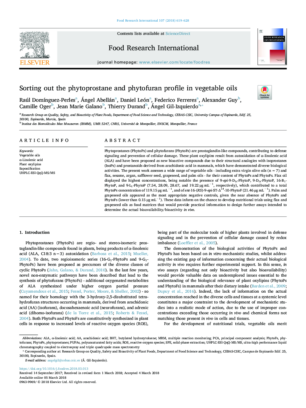Sorting out the phytoprostane and phytofuran profile in vegetable oils