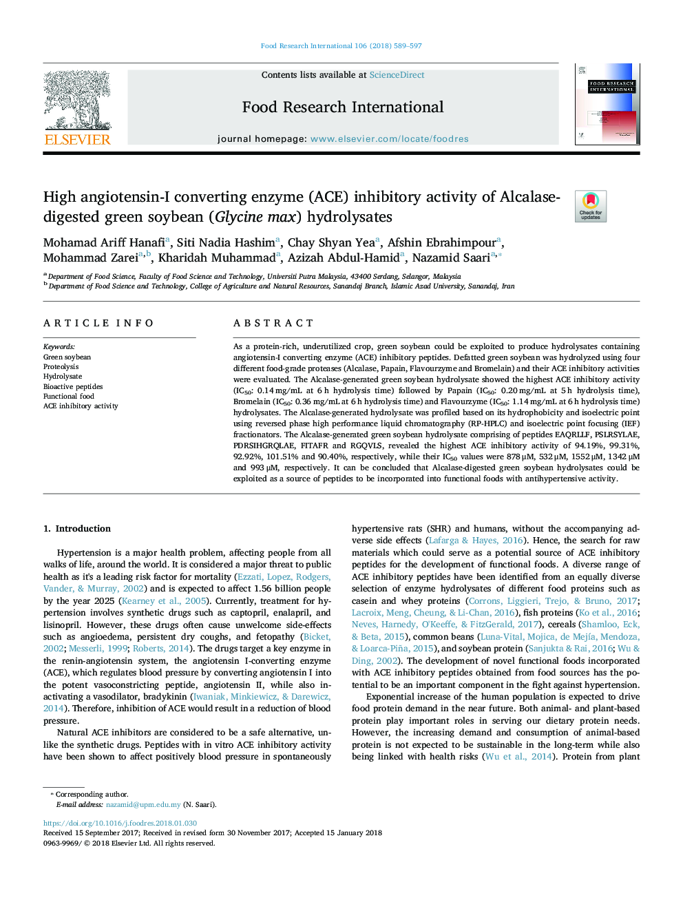 High angiotensin-I converting enzyme (ACE) inhibitory activity of Alcalase-digested green soybean (Glycine max) hydrolysates