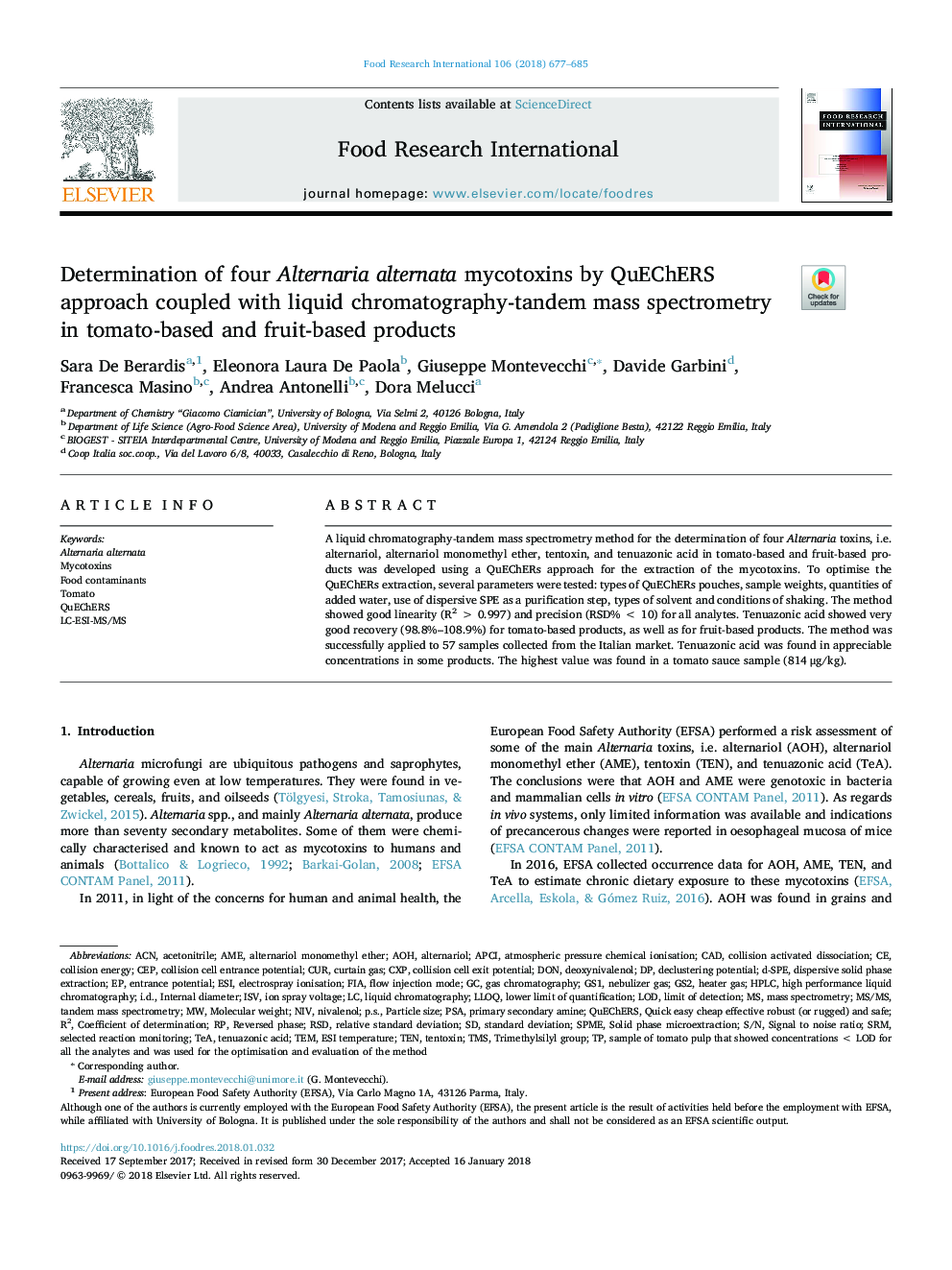 Determination of four Alternaria alternata mycotoxins by QuEChERS approach coupled with liquid chromatography-tandem mass spectrometry in tomato-based and fruit-based products