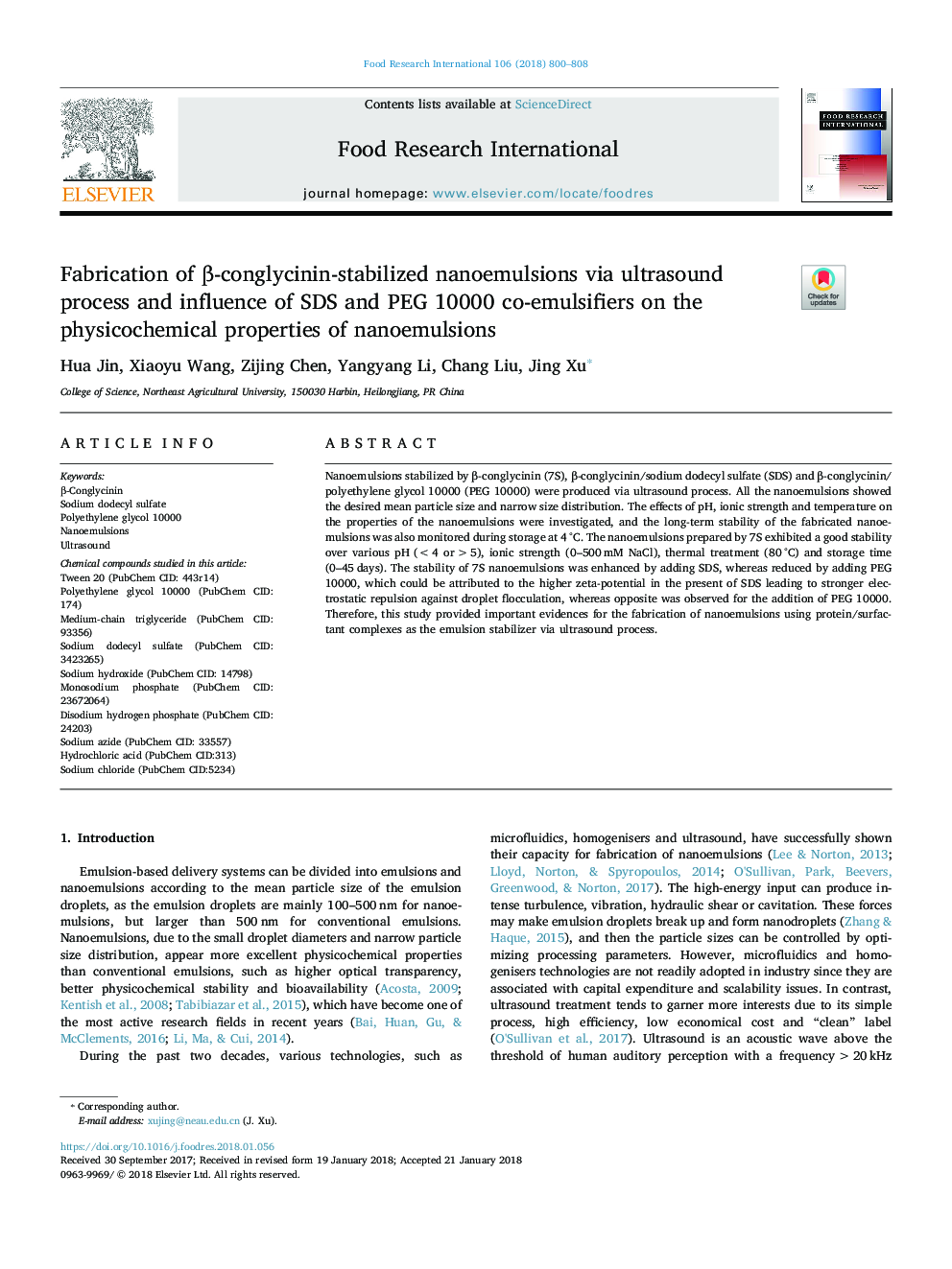 Fabrication of Î²-conglycinin-stabilized nanoemulsions via ultrasound process and influence of SDS and PEG 10000 co-emulsifiers on the physicochemical properties of nanoemulsions