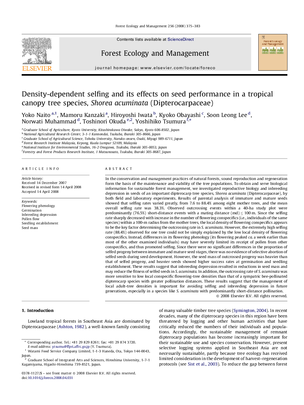 Density-dependent selfing and its effects on seed performance in a tropical canopy tree species, Shorea acuminata (Dipterocarpaceae)