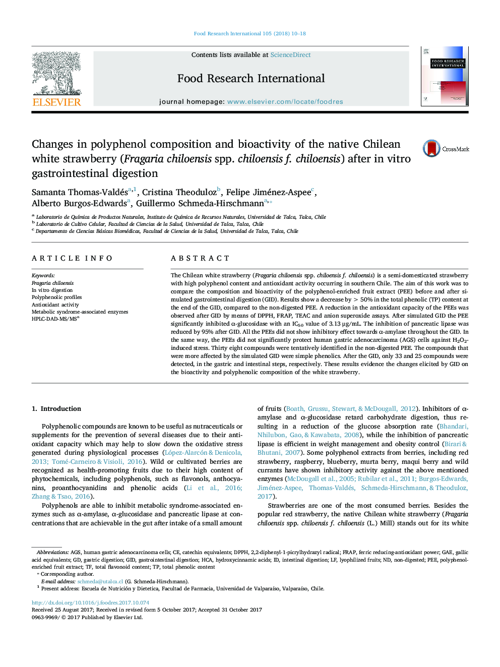 Changes in polyphenol composition and bioactivity of the native Chilean white strawberry (Fragaria chiloensis spp. chiloensis f. chiloensis) after in vitro gastrointestinal digestion