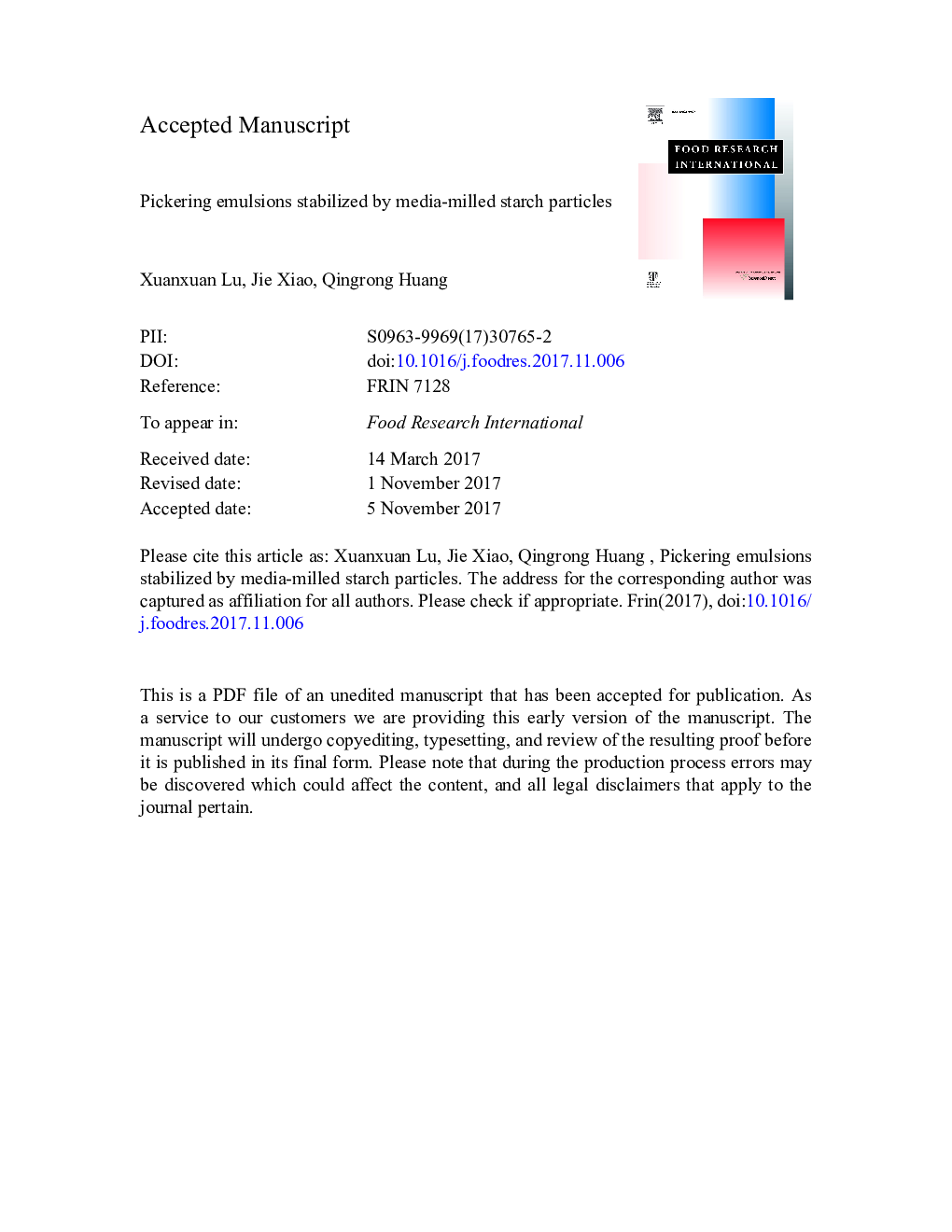 Pickering emulsions stabilized by media-milled starch particles