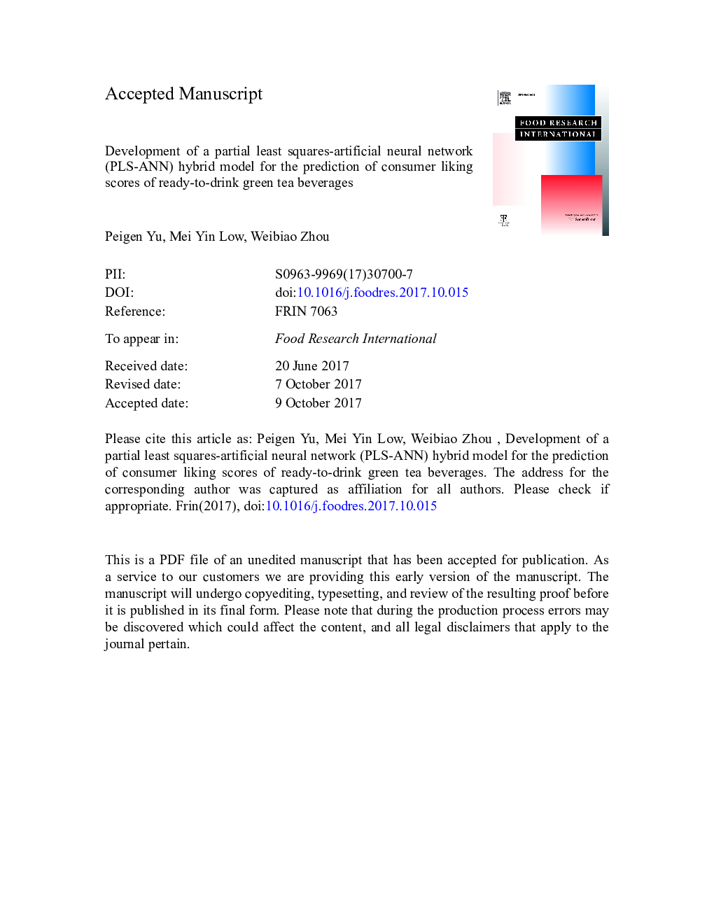 Development of a partial least squares-artificial neural network (PLS-ANN) hybrid model for the prediction of consumer liking scores of ready-to-drink green tea beverages