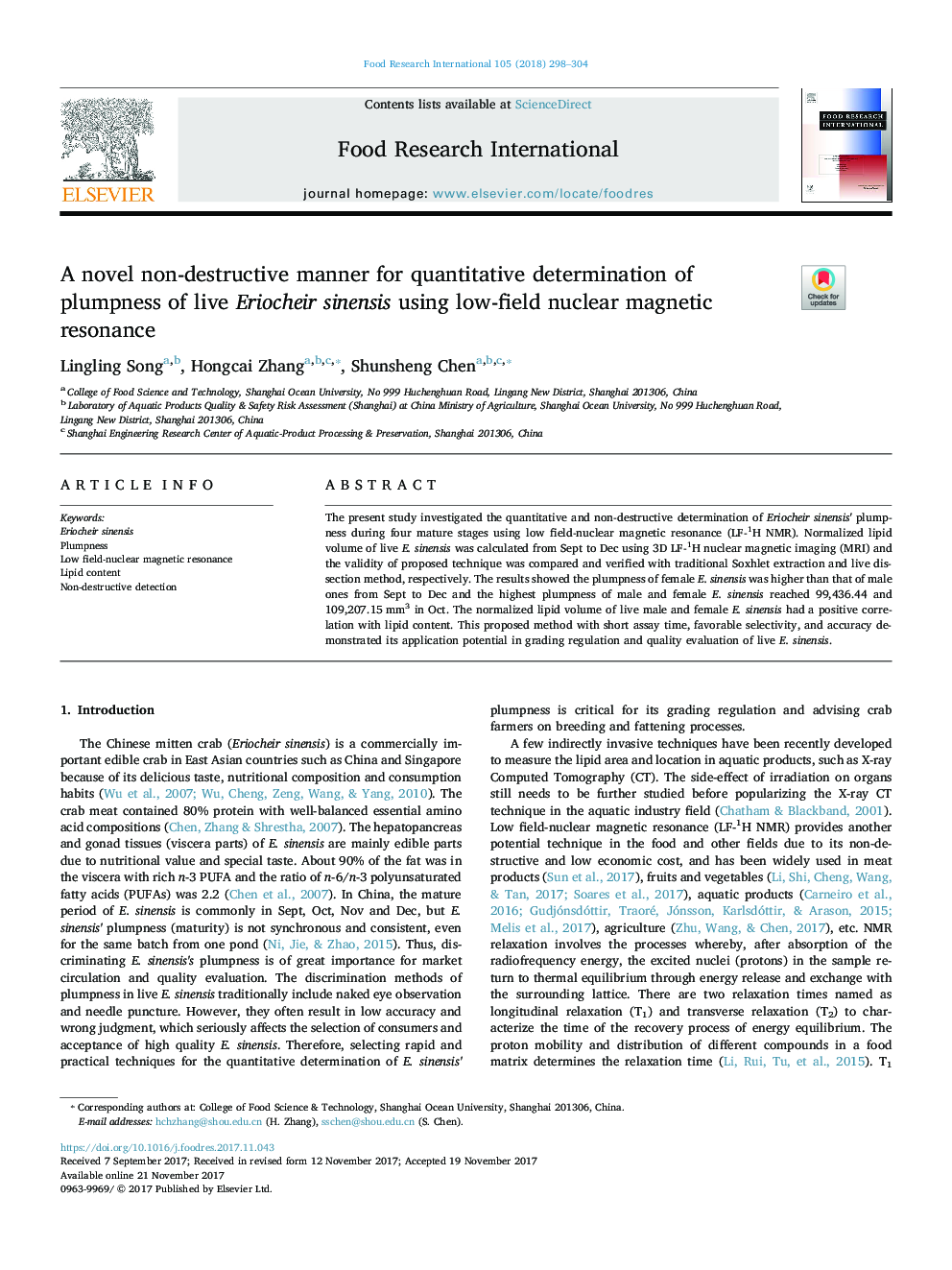 A novel non-destructive manner for quantitative determination of plumpness of live Eriocheir sinensis using low-field nuclear magnetic resonance