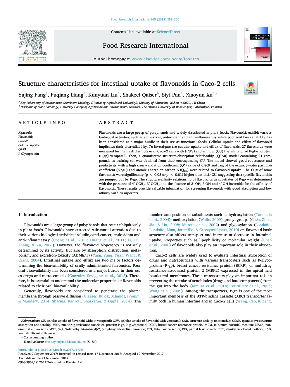 Structure characteristics for intestinal uptake of flavonoids in Caco-2 cells