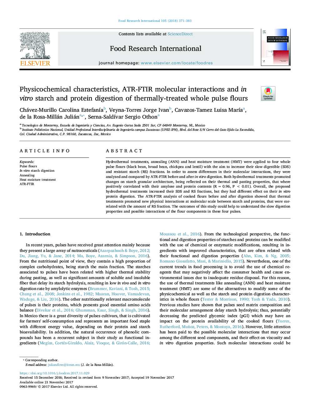 Physicochemical characteristics, ATR-FTIR molecular interactions and in vitro starch and protein digestion of thermally-treated whole pulse flours