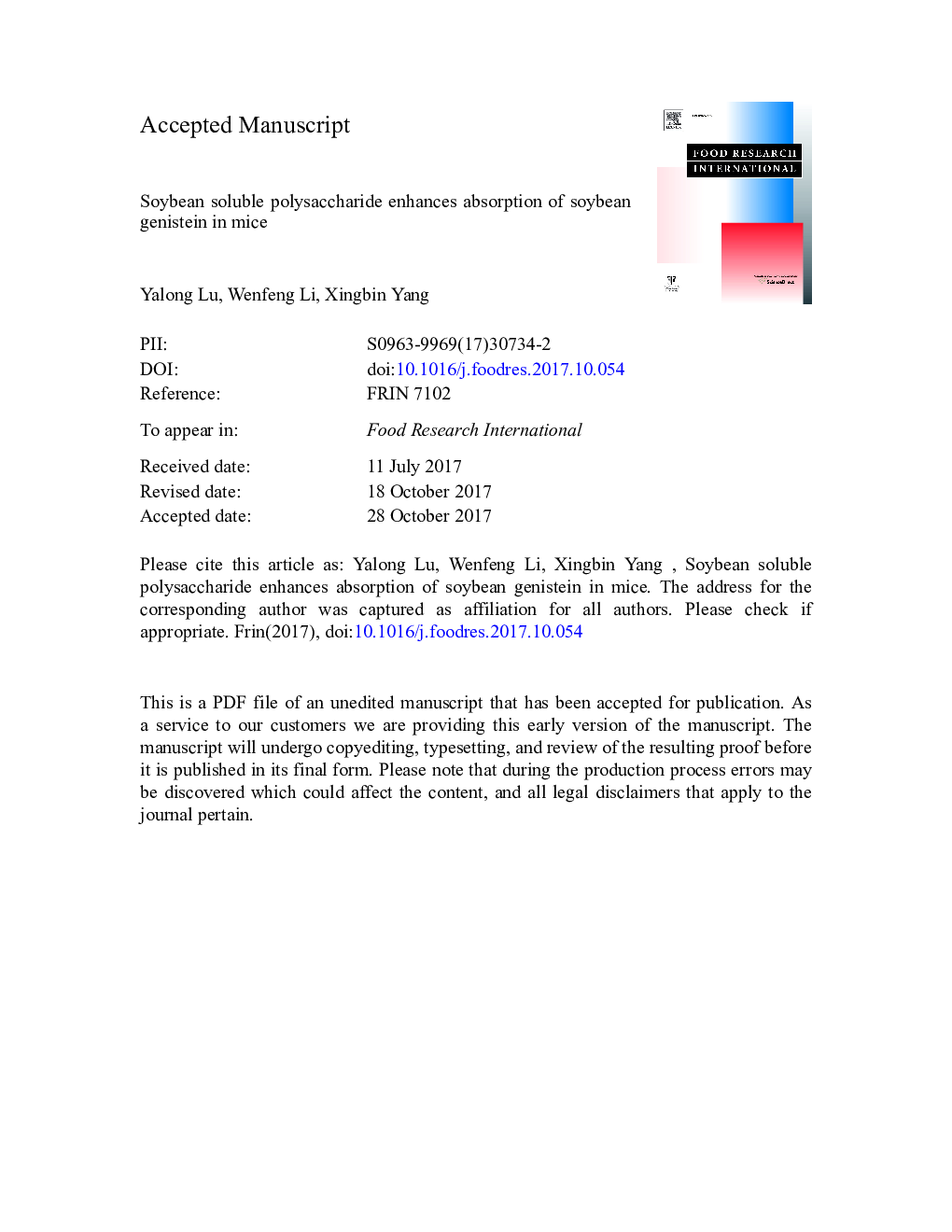 Soybean soluble polysaccharide enhances absorption of soybean genistein in mice