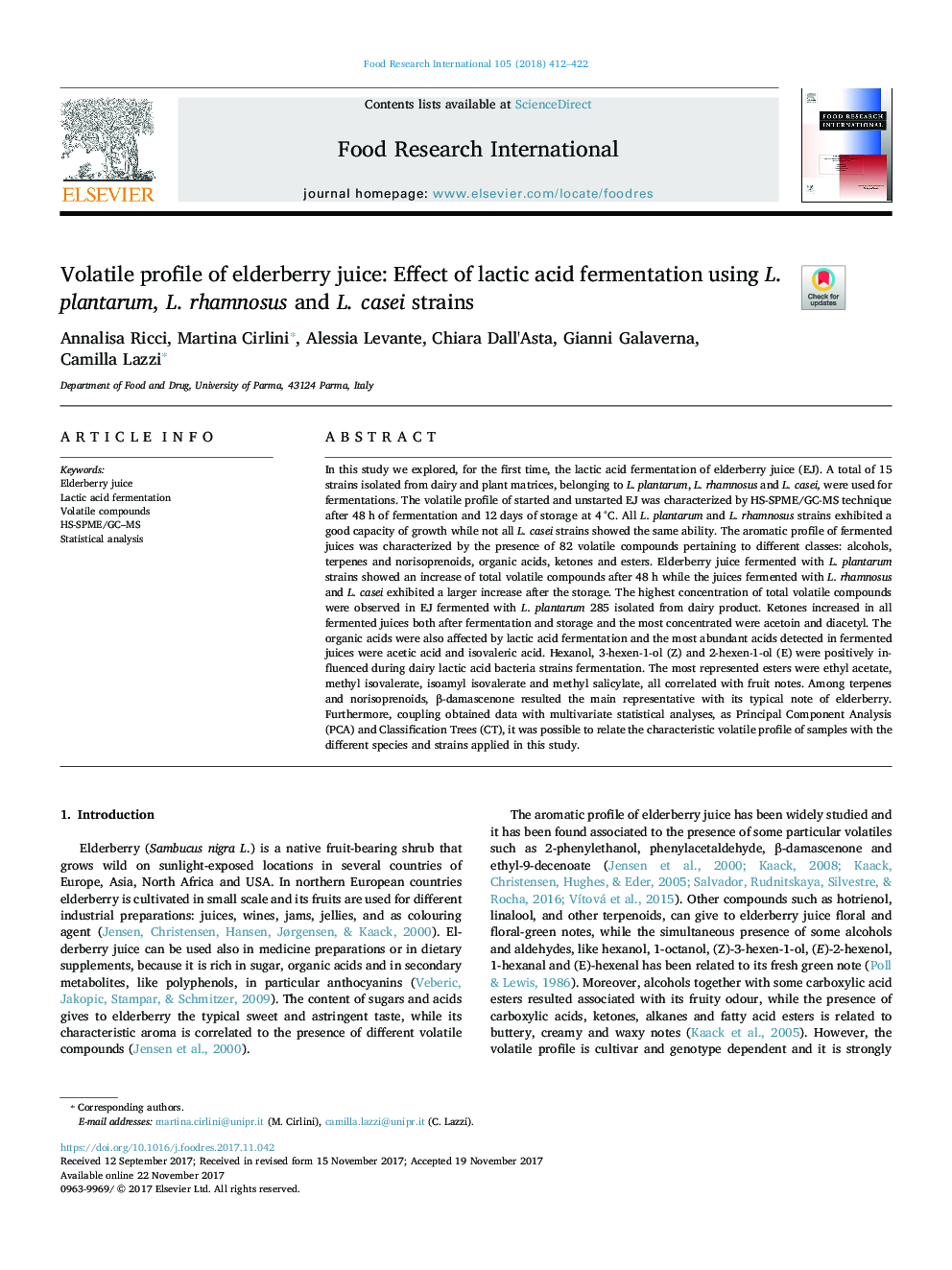 Volatile profile of elderberry juice: Effect of lactic acid fermentation using L. plantarum, L. rhamnosus and L. casei strains