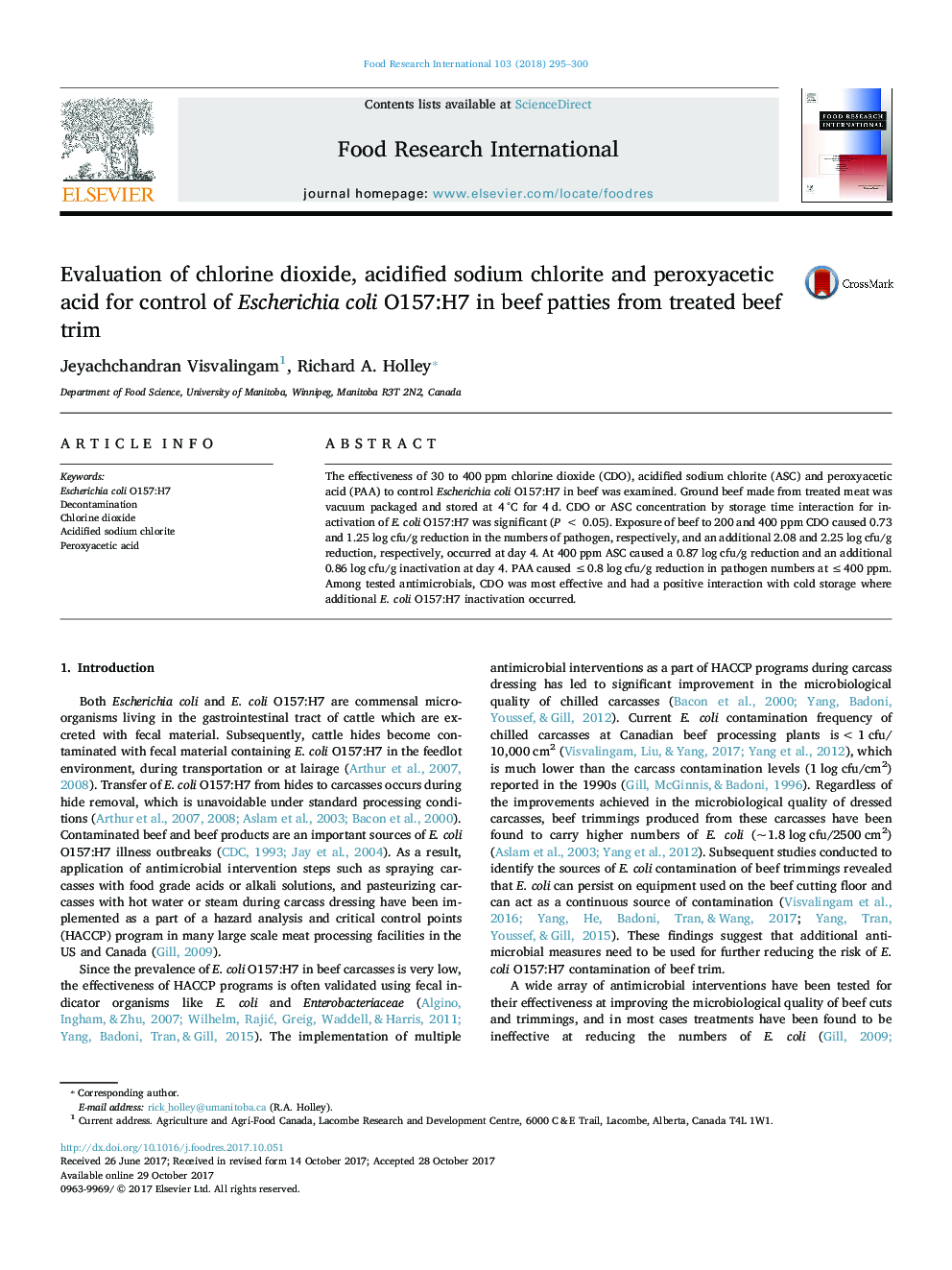 عکس صفحه اول مقاله: Evaluation of chlorine dioxide, acidified sodium chlorite and peroxyacetic acid for control of Escherichia coli O157:H7 in beef patties from treated beef trim Evaluation of chlorine dioxide, acidified sodium chlorite and peroxyacetic acid for control of Escherichia coli O157:H7 in beef patties from treated beef trim
