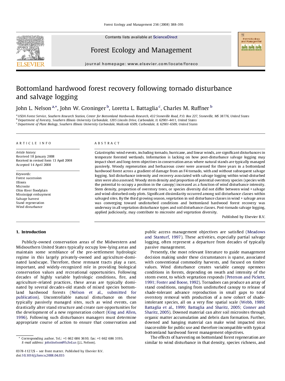 Bottomland hardwood forest recovery following tornado disturbance and salvage logging