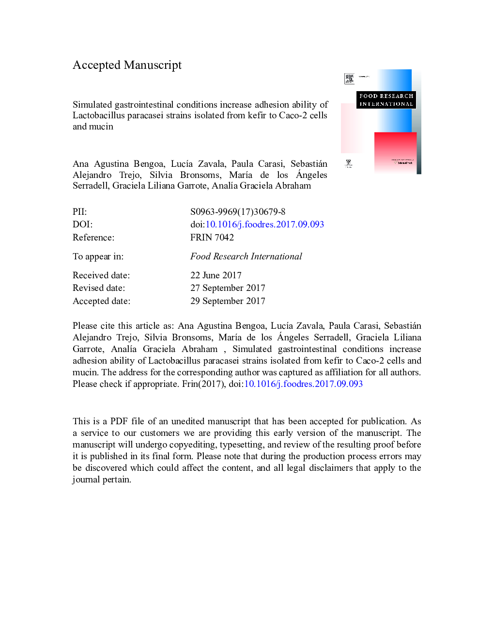 عکس صفحه اول مقاله: Simulated gastrointestinal conditions increase adhesion ability of Lactobacillus paracasei strains isolated from kefir to Caco-2 cells and mucin Simulated gastrointestinal conditions increase adhesion ability of Lactobacillus paracasei strains isolated from kefir to Caco-2 cells and mucin
