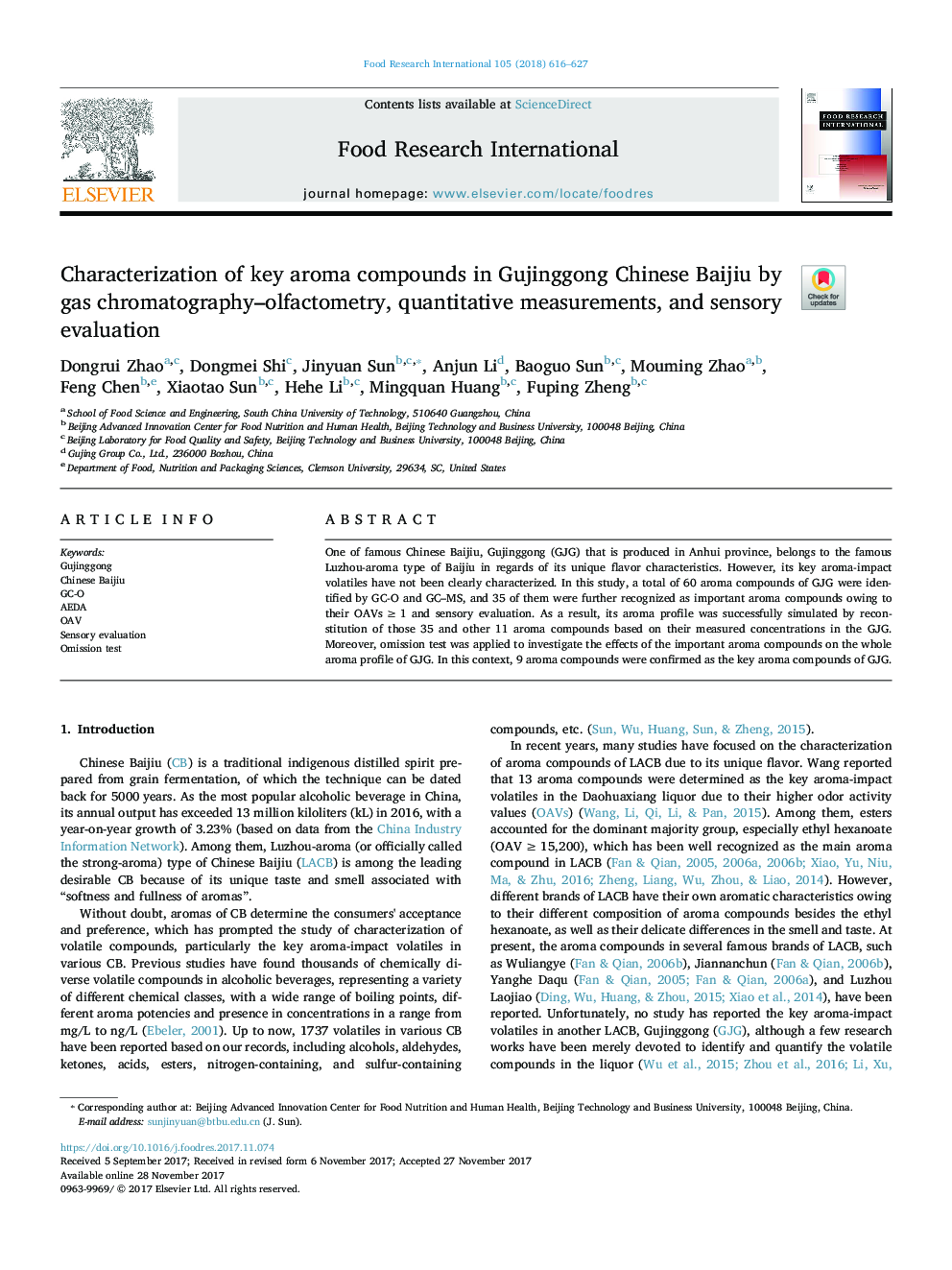 Characterization of key aroma compounds in Gujinggong Chinese Baijiu by gas chromatography-olfactometry, quantitative measurements, and sensory evaluation