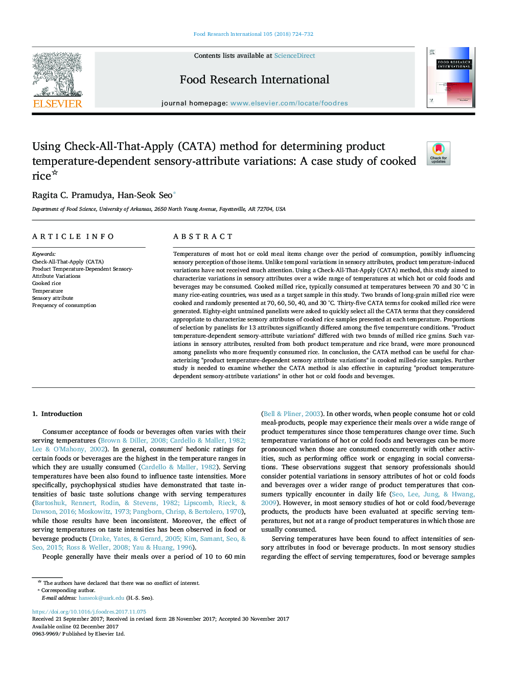 Using Check-All-That-Apply (CATA) method for determining product temperature-dependent sensory-attribute variations: A case study of cooked rice