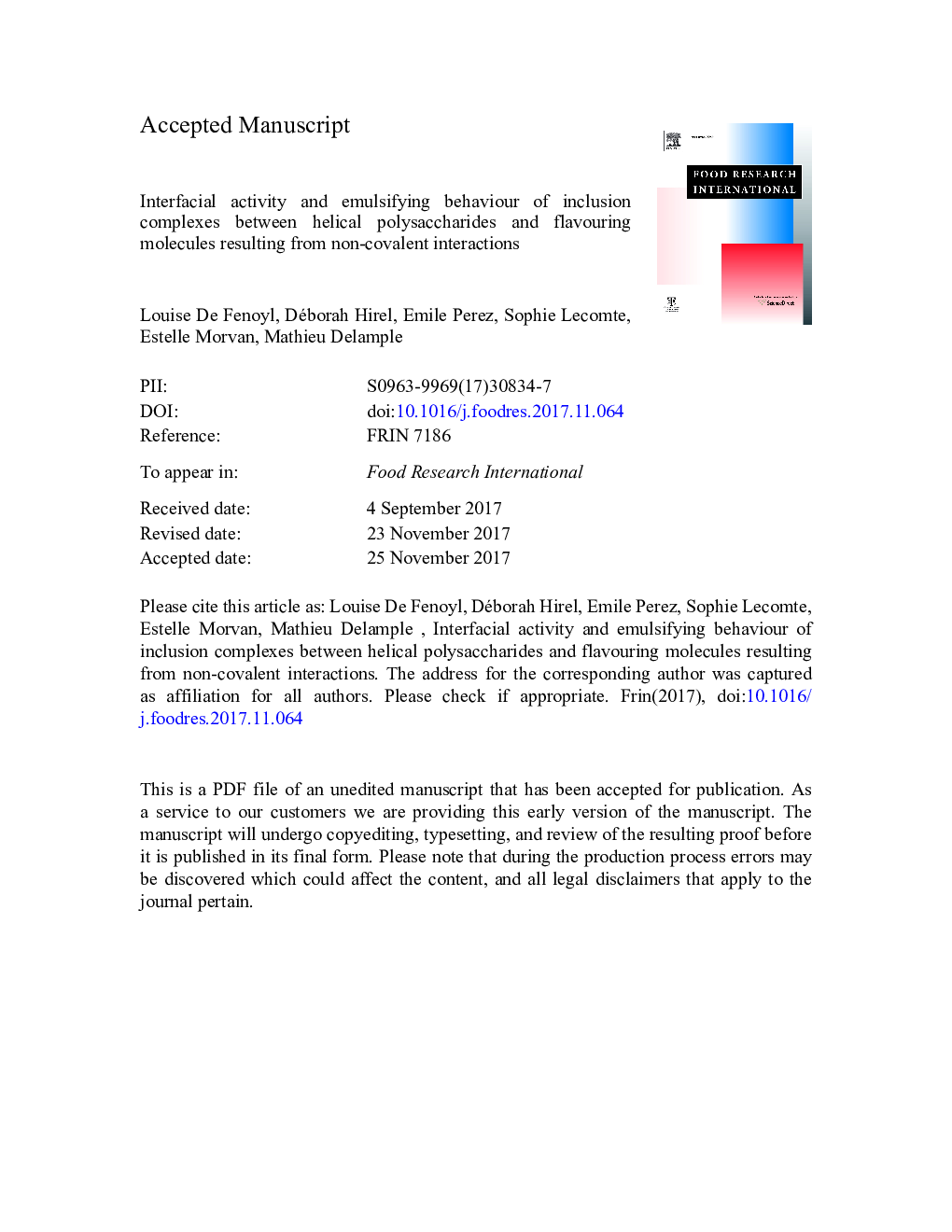 Interfacial activity and emulsifying behaviour of inclusion complexes between helical polysaccharides and flavouring molecules resulting from non-covalent interactions