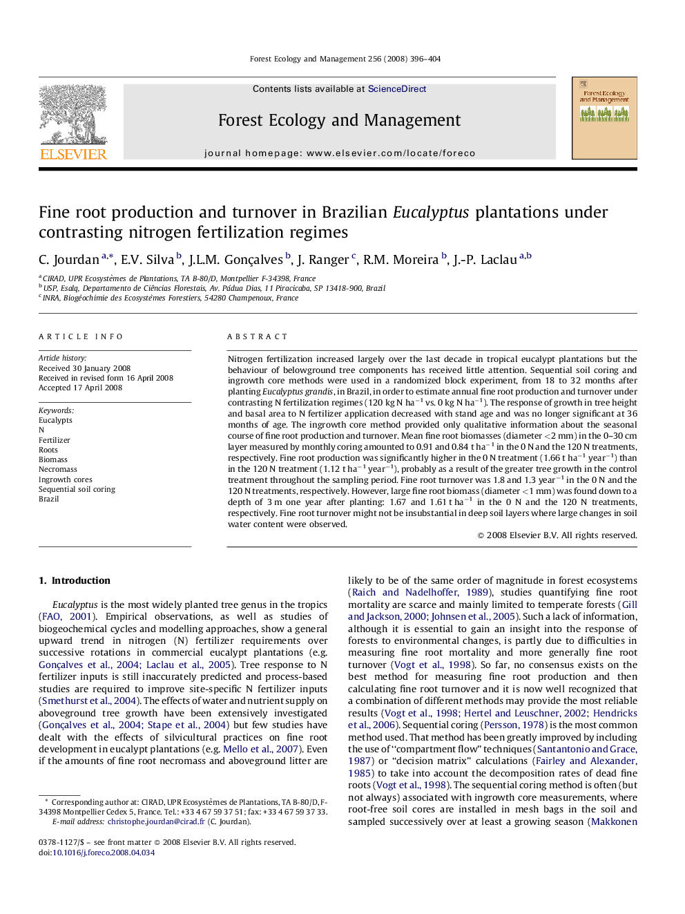 Fine root production and turnover in Brazilian Eucalyptus plantations under contrasting nitrogen fertilization regimes