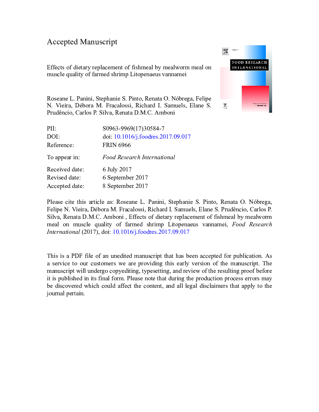 Effects of dietary replacement of fishmeal by mealworm meal on muscle quality of farmed shrimp Litopenaeus vannamei