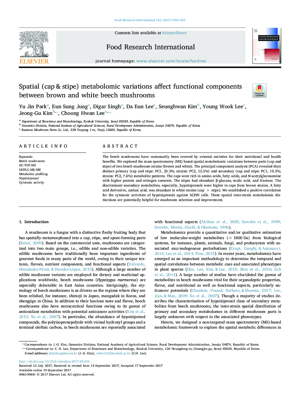 Spatial (cap & stipe) metabolomic variations affect functional components between brown and white beech mushrooms